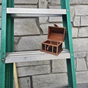 Puede incluir: Un peque&ntilde;o cofre del tesoro de madera abierto, con detalles en marr&oacute;n oscuro y negro, descansa sobre un pelda&ntilde;o de escalera met&aacute;lica. El cofre tiene un cierre color lat&oacute;n y est&aacute; colocado contra una pared de piedra gris. La escalera es verde.