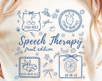Camiseta divertida de terapia del habla con colores cómodos, camiseta de manga larga con estampado fonético de frutas para logopedas, regalos para logopedas (26370)