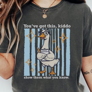 Peut inclure: T-shirt gris foncé avec un dessin d'oie portant des lunettes et tenant un crayon et un bloc-notes avec le mot "TESTING". Le t-shirt porte les inscriptions "You've got this, kiddo" et "show them what you know."