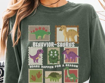 Retro ABA Behavior Therapy Comfort Colors Tshirt, Dinosaur Long Sleeve Shirt for Behavior Analyst, BCBA, RBT, Sped Teacher Grad Gift