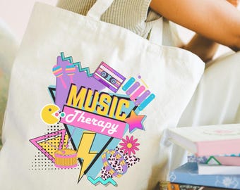 Music Therapy 90s Retro Tote Bag - Colorful Graphic Canvas Tote