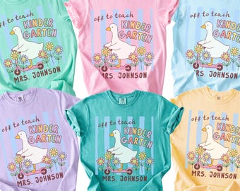 Camiseta personalizada para maestra de jardín de infantes con colores cómodos, camiseta de manga larga Goose Off to Teach, camiseta de cuello redondo a rayas personalizada para la vuelta al cole (26374)