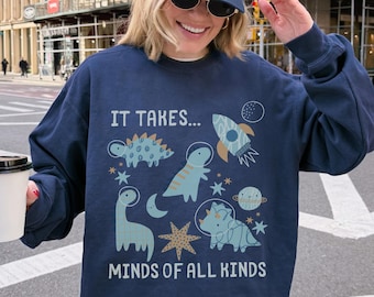 Dinosaur Minds of all Kinds Autism Educator Sweatshirt, Special Education Teacher Crewneck Sweater, Neurodiversity Gift (26769)