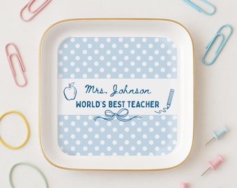 Personalized Teacher Appreciation Gift, Custom Name Polka Dot Trinket Dish, World's Best Teacher Gift, End of Year Gift (26614)