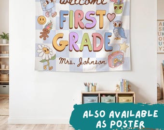 Póster o pancarta personalizada para el aula de primer grado, decoración retro para el aula, arte mural en tonos pastel para maestros de primaria, regreso a clases (26379)