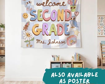 Póster o pancarta personalizada para el aula de segundo grado, decoración retro para el aula, arte mural en tonos pastel para maestros de primaria, regreso a clases (26380)