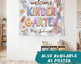 Póster o pancarta personalizada para aula de jardín de infancia, decoración retro para aula, arte mural en tonos pastel para maestras de primaria, regreso a clases (26378)