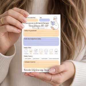 May include: A rectangular speech therapy notepad featuring a cartoon goose reading a book. The form includes fields for notes, practice activities, tools, feelings with emoji icons, and checkboxes for achievements, signed by Tracey Johnson, CCC-SLP.