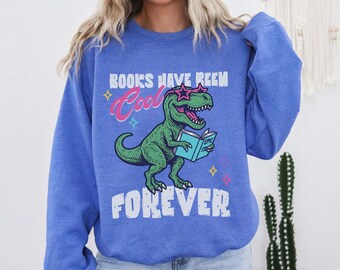 Retro Reading Teacher Sweatshirt, Dinosaur Librarian Crewneck, Bookish Teacher Appreciation Sweater Gift (26775)