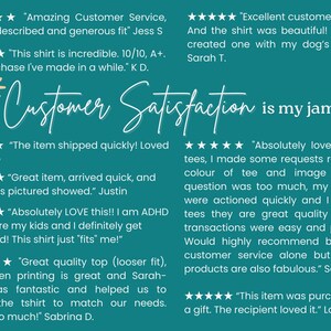 K&ouml;nnte beinhalten: Ein t&uuml;rkisfarbener Hintergrund mit wei&szlig;em Text und Sternen. Der Text lautet "Customer Satisfaction is my jam!" und enth&auml;lt mehrere F&uuml;nf-Sterne-Bewertungen von Kunden. Die Bewertungen heben die Qualit&auml;t der Produkte und den exzellenten Kundenservice hervor.
