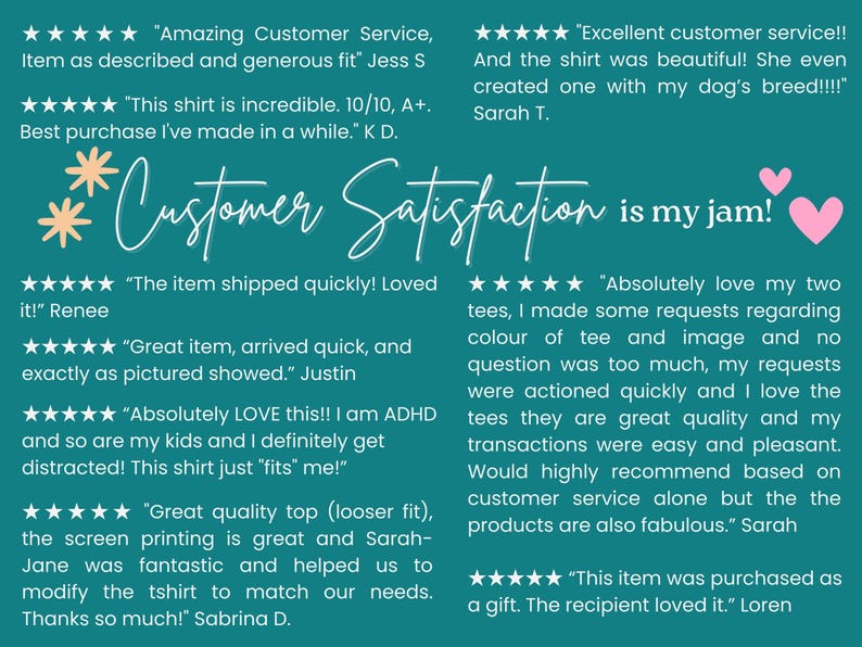 K&ouml;nnte beinhalten: Ein t&uuml;rkisfarbener Hintergrund mit wei&szlig;em Text und Sternen. Der Text lautet "Customer Satisfaction is my jam!" und enth&auml;lt mehrere F&uuml;nf-Sterne-Bewertungen von Kunden. Die Bewertungen heben die Qualit&auml;t der Produkte und den exzellenten Kundenservice hervor.