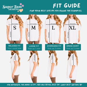 May include: Fit guide for t-shirts, showing measurements in inches for sizes S, M, L, and XL. Includes relaxed, loose, oversized, and dress shirt fit descriptions. The model is 5'4", 120 lbs, with a 34" bust, 26.5" waist, and 38" hips.