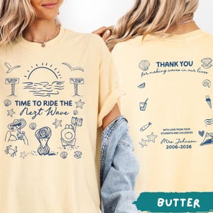 Teacher Farewell Comfort Colors T-Shirt, Personalized Retirement Gift for Women, Time to Ride the Next Wave with Autograph Keepsake (26278)