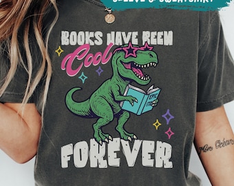 Comfort Colors Reading Tshirt, Retro Dinosaur Teacher Long Sleeve Shirt, Bookish Gifts for Librarian Shirt, Book Lover Sweatshirt (SJA26039)