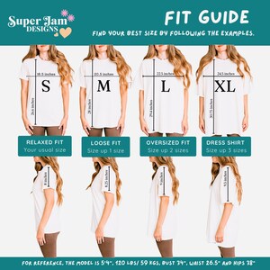 May include: A fit guide for t-shirts, showing measurements for sizes S, M, L, and XL. Each size is displayed on a model, with measurements in inches for chest and length. The guide also provides fit descriptions: Relaxed, Loose, Oversized, and Dress.