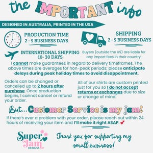 May include: A graphic with text that reads "the IMPORTANT info" and "DESIGNED IN AUSTRALIA, PRINTED IN THE USA." It includes information on production time, shipping, and customer service. The text is in a playful font.
