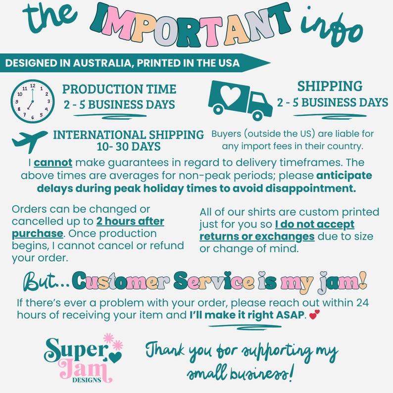 May include: A graphic with text that reads "the IMPORTANT info" and "DESIGNED IN AUSTRALIA, PRINTED IN THE USA." It includes information on production time, shipping, and customer service. The text is in a playful font.