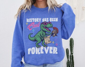 Retro History Teacher Sweatshirt, Dinosaur Social Studies Crewneck, Teacher Appreciation Sweater Gift (26773)