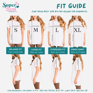 K&ouml;nnte beinhalten: Eine Gr&ouml;&szlig;entabelle f&uuml;r T-Shirts mit vier verschiedenen Passformen: Relaxed Fit, Loose Fit, Oversized Fit und Dress Shirt. Die Tabelle zeigt die Ma&szlig;e jeder Passform in Zoll, zusammen mit einer Beschreibung, wie die Passform am K&ouml;rper aussieht. Das Model ist 1,63 m gro&szlig; und wiegt 54 kg.