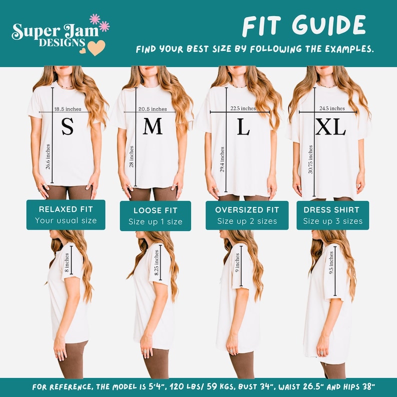 May include: A fit guide for t-shirts, showing measurements for sizes S, M, L, and XL. Each size is displayed on a model, with measurements in inches for chest width and shirt length. The guide also details fit styles: relaxed, loose, oversized, and dress shirt.