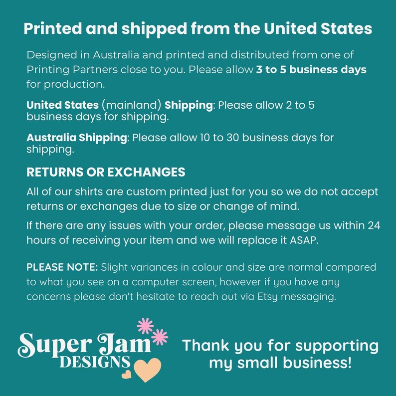 May include: Text on a teal background reads "Printed and shipped from the United States." Additional text details production and shipping times, return policy, and a thank you message from Super Jam Designs.