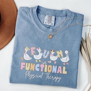May include: A light blue t-shirt featuring a graphic of ducks spelling out "FUN in FUNCTIONAL Physical Therapy". The ducks are wearing bows and sunglasses. The shirt has a distressed look and is made of a soft, comfortable material.