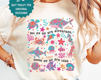 Autism Inclusion Comfort Colors T-Shirt, All of Us Are Different Neurodivergent Shirt, Ocean Lover Special Education Teacher Tee (SJA26082)