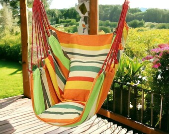 Canvas Hängehängematte, Schaukel Outdoor Bett, Komfortable Gartenhängematte mit Kissen, Strand Camping Zubehör, Schlafzimmer Schaukel im Boho Stil