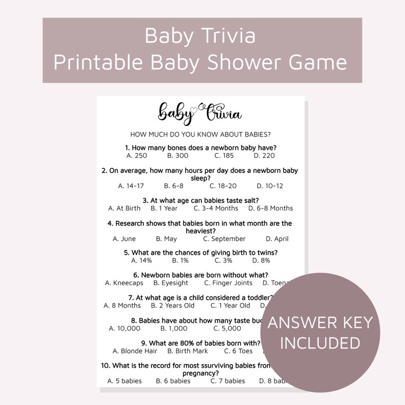 Baby Trivia Game, Printable Baby Shower Game, Party Game, Instant ...