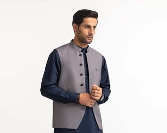 Mens Nehru collar waist coat, pakistani indian waistcoat, Men waist coat,men grey waist coat Italian Thread, Wedding Collection