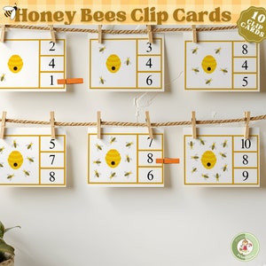 Schede con clip per contare le api in primavera; insetti e insetti; attività sui numeri da 1 a 10 per bambini piccoli, scuola materna; schede con clip, materiale stampabile di matematica Montessori