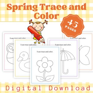May include: A digital download of 45 printable spring-themed tracing and coloring pages for kids. The pages feature images of a duck, flower, umbrella, and butterfly. The text "I can trace and color" is repeated on each page.