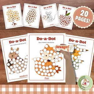 May include: A collection of "Do-a-Dot" activity sheets for preschoolers. The images include a tree, leaf, mouse, apple, squirrel, fox, and scarecrow. The image includes a marker that says "orange". The set is advertised as 20 pages.