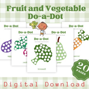 Printable do-a-dot pages, fruit and vegetables theme, fine motor development for toddlers, preschool practice sheets, easy dot marker pages