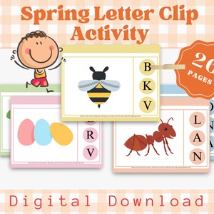 Tarjetas de clip de fonética de primavera, actividad de sonidos de letras iniciales para niños pequeños y preescolares, juegos de aula preescolar, tarjetas de clip de pinza para la ropa