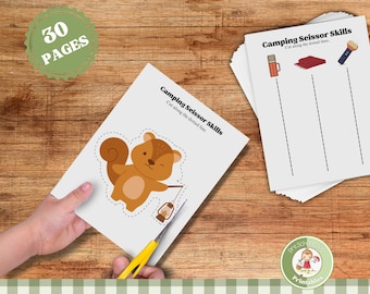 Printable camping cut out pages; pre-k scissor skills worksheets, popsicle cutting practice for toddlers, preschool, kindergarten summer
