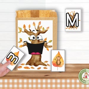 Juego de letras Feed the Tree para preescolar y jardín de infantes; actividad de reconocimiento de letras y fonética; juego de hojas para imprimir en el aula o en el hogar