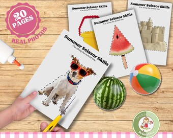 Oefening om zomerthema te knippen; ECHTE FOTO'S schaarvaardigheden voor prek & kleuterschool; Montessori-activiteit voor klassikaal/thuisonderwijs; kleuterschool