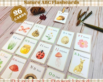 Printable alphabet flashcards, nature-themed ABC flash cards, letters learning activity for preschool, kindergarten, Montessori homeschool