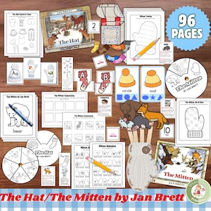 May include: A collection of children's educational materials, including books, worksheets, and flashcards. The items feature illustrations of animals, shapes, and letters. The title "The Hat/The Mitten by Jan Brett" is visible, along with the text "96 pages".