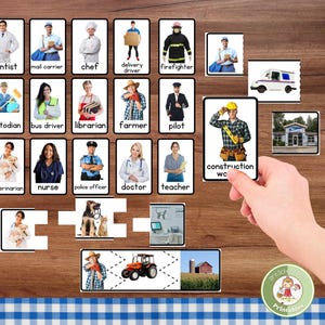 Printable community helper flashcards for preschool; simple puzzles for toddlers; professions learning activity; Montessori style homeschool