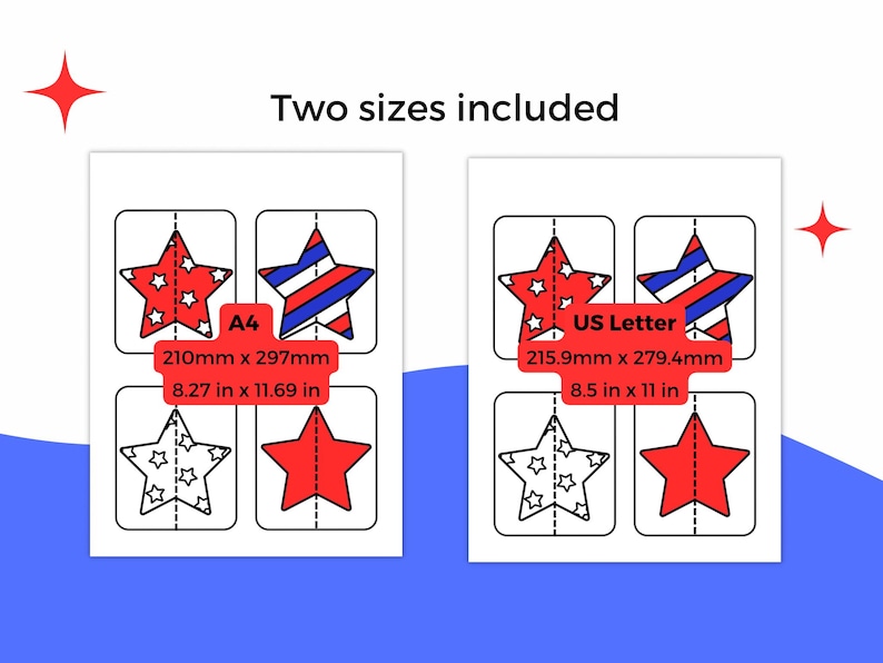 K&ouml;nnte beinhalten: Zwei wei&szlig;e Karten mit Sternmustern in Rot, Wei&szlig; und Blau. Eine Karte ist mit A4, 210mm x 297mm, beschriftet, die andere mit US Letter, 215.9mm x 279.4mm. Der Text "Two sizes included" steht oben.