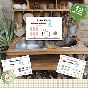 Recetas de cocina de barro, tarjetas de recetas imprimibles para juego sensorial, ideas de cocina de barro, escuela forestal, estudio de la naturaleza en el hogar de Charlotte Mason
