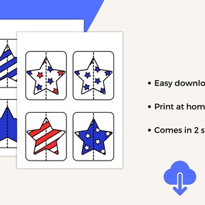 K&ouml;nnte beinhalten: Zwei Bl&auml;tter Papier mit Sternmustern in Rot, Wei&szlig; und Blau. Jeder Stern ist durch eine gepunktete Linie geteilt. Der Text rechts lautet "Easy download", "Print at home" und "Comes in 2 sizes".