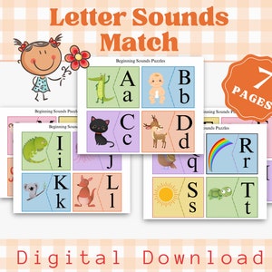 Printable Letter Sounds matching game; phonics activity for Pre-K, kindergarten; ABC alphabet puzzle; beginning letters sounds match