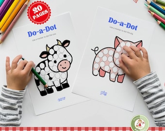 May include: A set of 20 printable do-a-dot activity pages featuring a cow and a pig. The pages are designed for children to use markers to color in the dots.