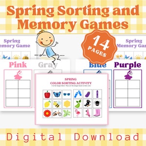 May include: A printable set of 14 pages of spring-themed memory and sorting games for kids. The games feature images of butterflies, flowers, sunglasses, and other spring-related items. The games are designed to help children learn about colors and sorting.