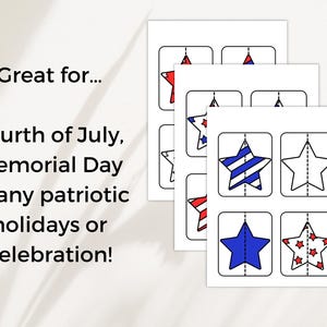 K&ouml;nnte beinhalten: Wei&szlig;e Karten mit patriotischen Sterndesigns in Rot, Wei&szlig; und Blau. Geeignet f&uuml;r den 4. Juli, den Memorial Day oder andere patriotische Feiertage oder Feiern. Der Text auf dem Bild lautet: "Ideal f&uuml;r... den 4. Juli, den Memorial Day oder andere patriotische Feiertage oder Feiern!"