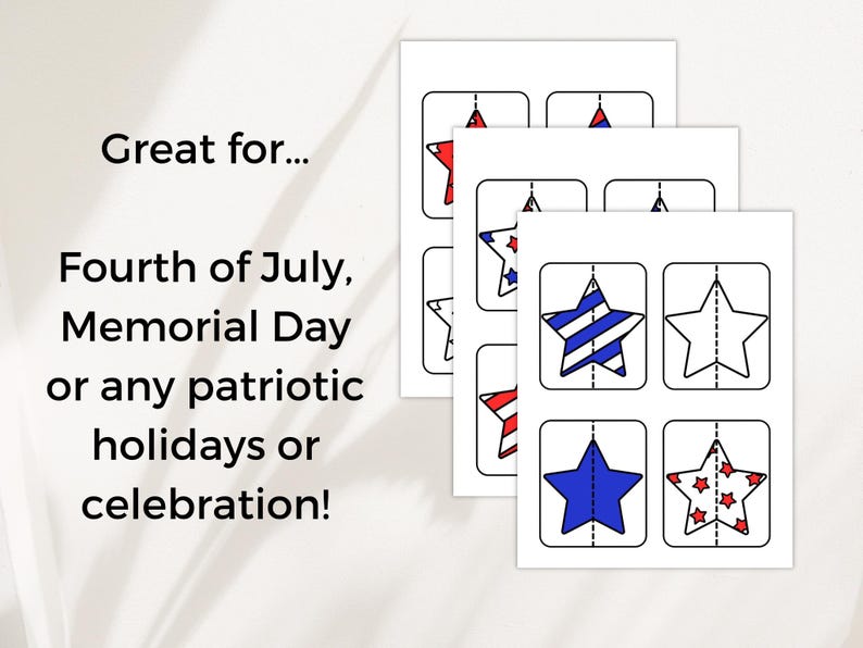 K&ouml;nnte beinhalten: Wei&szlig;e Karten mit patriotischen Sterndesigns in Rot, Wei&szlig; und Blau. Geeignet f&uuml;r den 4. Juli, den Memorial Day oder andere patriotische Feiertage oder Feiern. Der Text auf dem Bild lautet: "Ideal f&uuml;r... den 4. Juli, den Memorial Day oder andere patriotische Feiertage oder Feiern!"