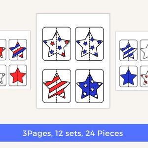 K&ouml;nnte beinhalten: Drei Seiten mit sternf&ouml;rmigen Puzzles in Rot, Wei&szlig; und Blau. Jeder Stern ist durch eine gestrichelte Linie geteilt. Der Text unten lautet: 3 Seiten, 12 S&auml;tze, 24 Teile.